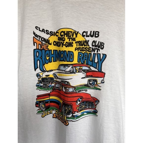 VINTAGE 1980S CHEVY CLUB CAR RALLY WHITE SINGLE STITCH T SHIRT SIZE M STEDMAN - Picture 2 of 6